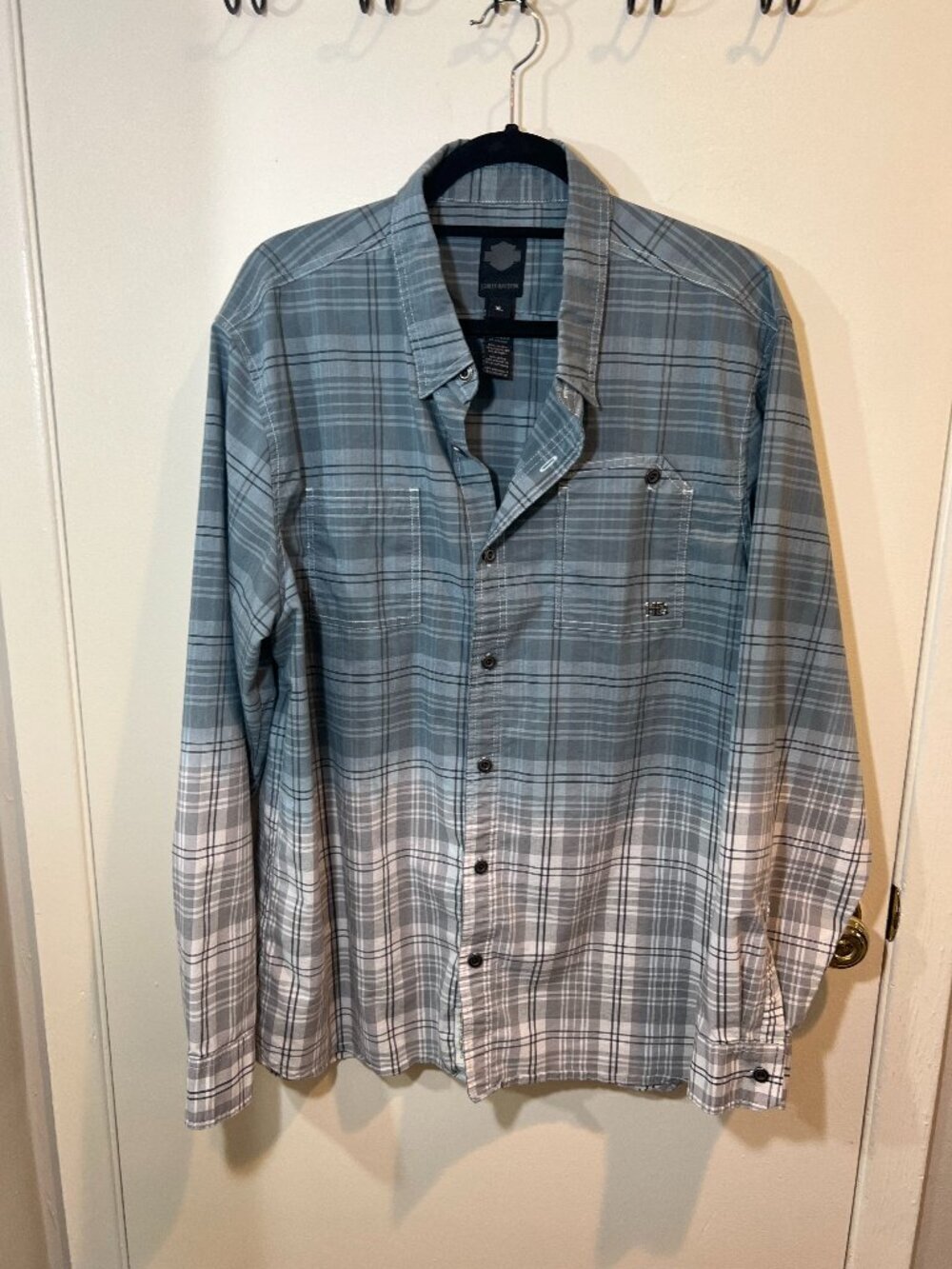 Vintage Harley Davidson Gray Ombre Plaid Long Sleeve Button Down Shirt, Size XL